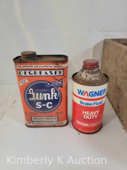 Vintage Advertising, Containers: Anti-Icer, Degreaser, Brake Fluid, Lubricants and Wooden Crate
