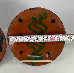 2 Greg Shooner Redware Plates- Bird & Green Squiggles, Both 1998, 5.5" Diameter