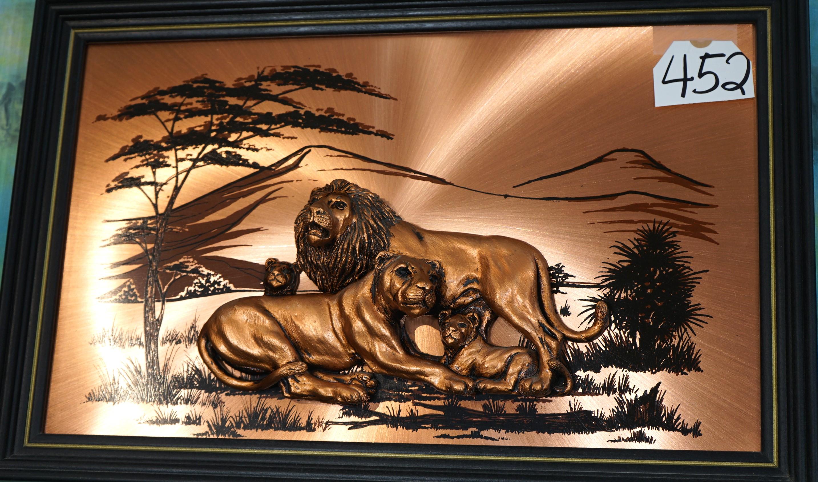 Framed Brass African Lion Family Picture