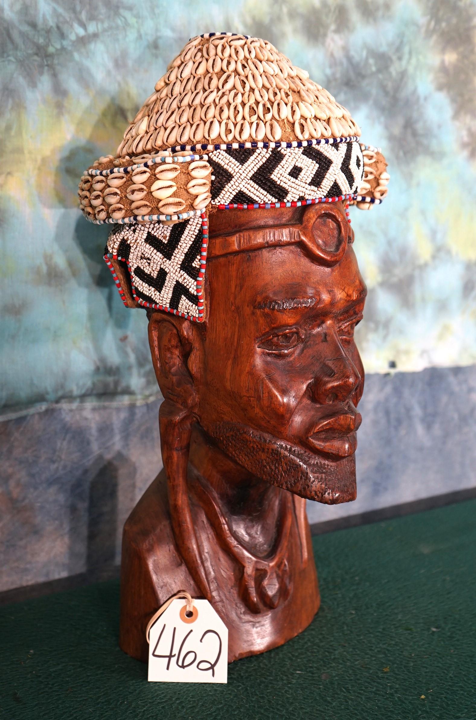 African Native Man Wood Carved Head Bust