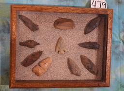 Wooden Display of 10 Authentic Spear Points and Arrowheads Artifacts