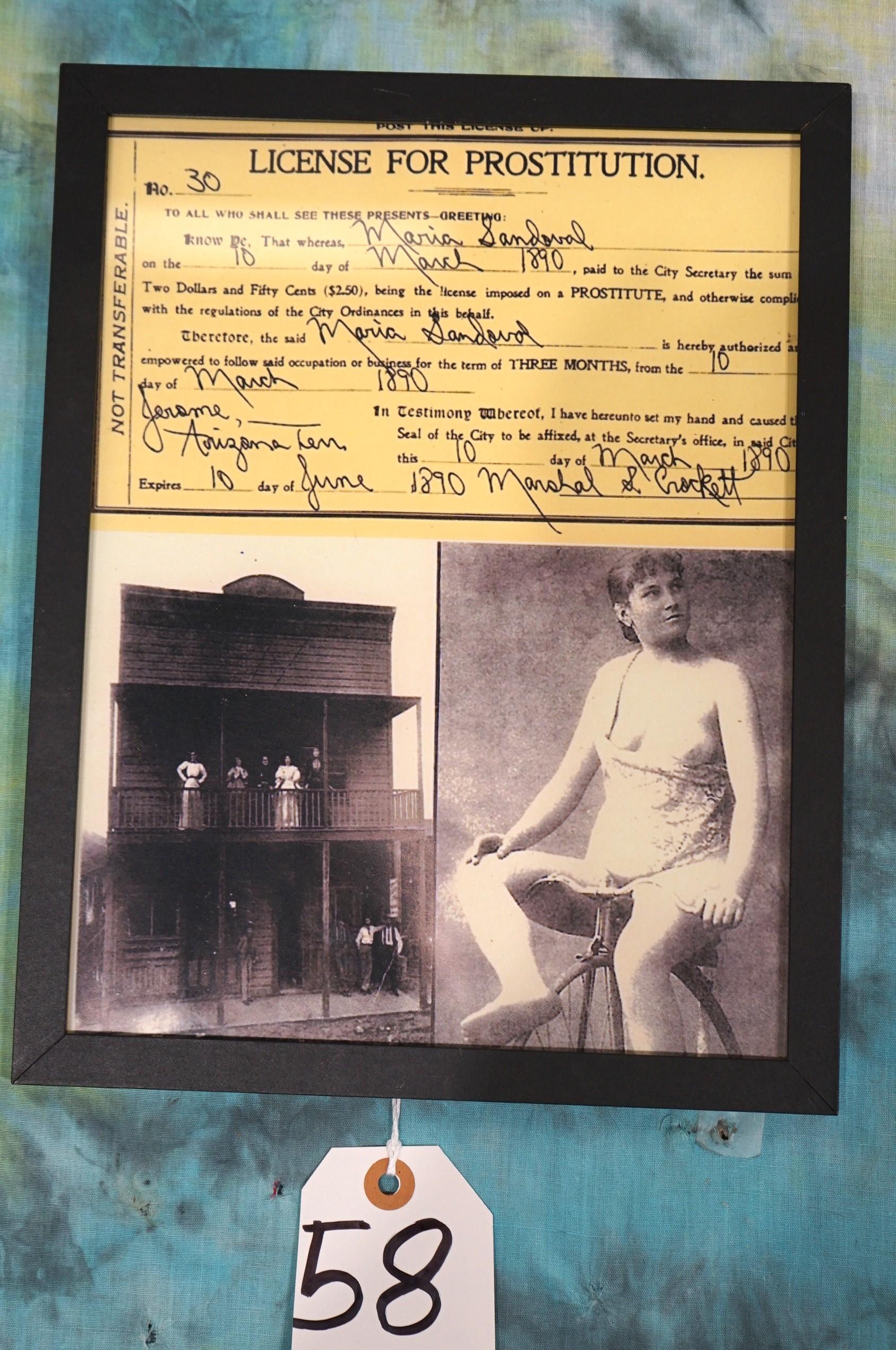 Framed Copy of a Historical Wild West Prostitution License