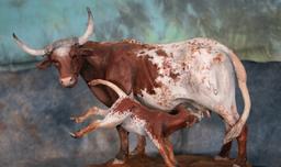 Bronze Longhorn Cow with Calf called "Ranch Breakfast", by Capt. John Brandt