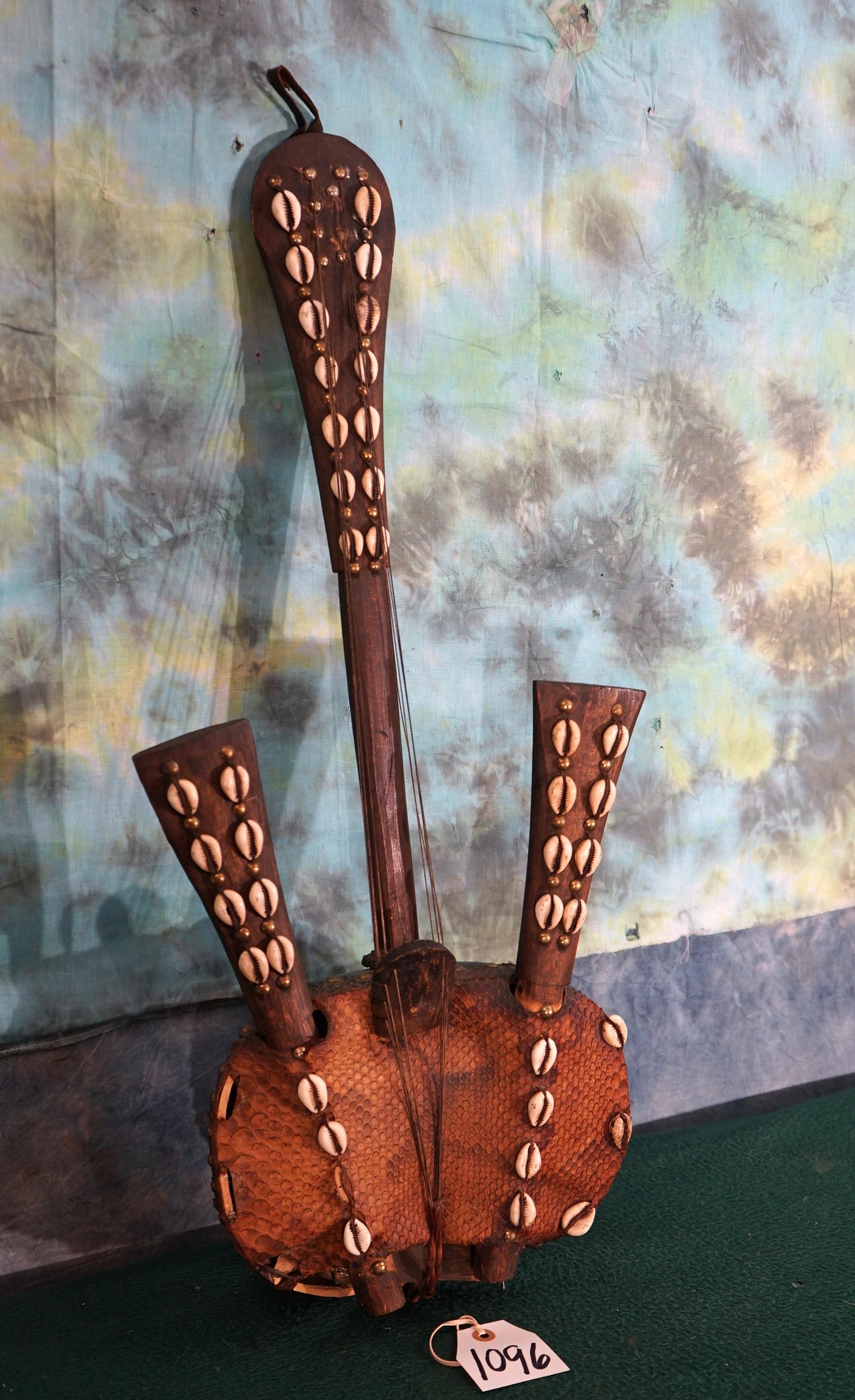 Rare African Chordophone "Harp" Handmade from Wood, Calabash, and Python Skin