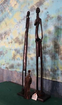 Two Tall & One Medium size African Wood People Statues