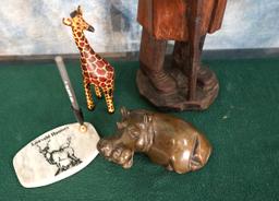Wood Carved African Man Statue with Giraffe, Soapstone Hippo, and Marble Kudu Pen Holder