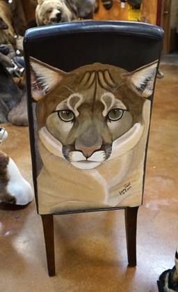 Brand New Leather Covered Chair with beautiful Painting of a Mountain Lion on the Back