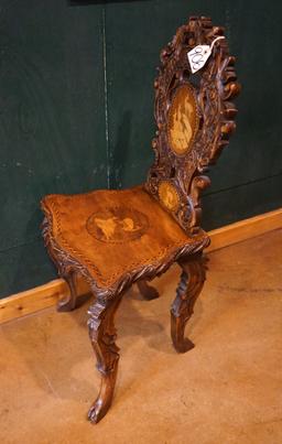 Antique Late 1800's Circa European Hand Carved Wooden Chair with Alpine Chamois Decorating it