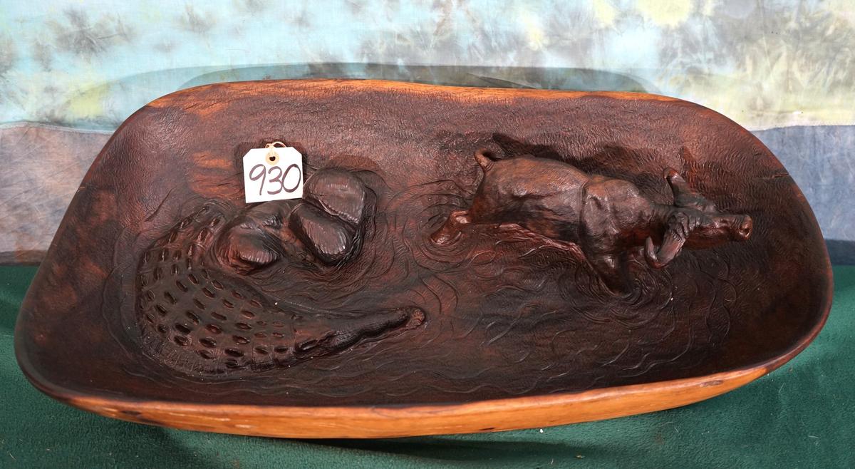 African Wood Carved Table Bowl with Cape Buffalo & Crocodile Inside