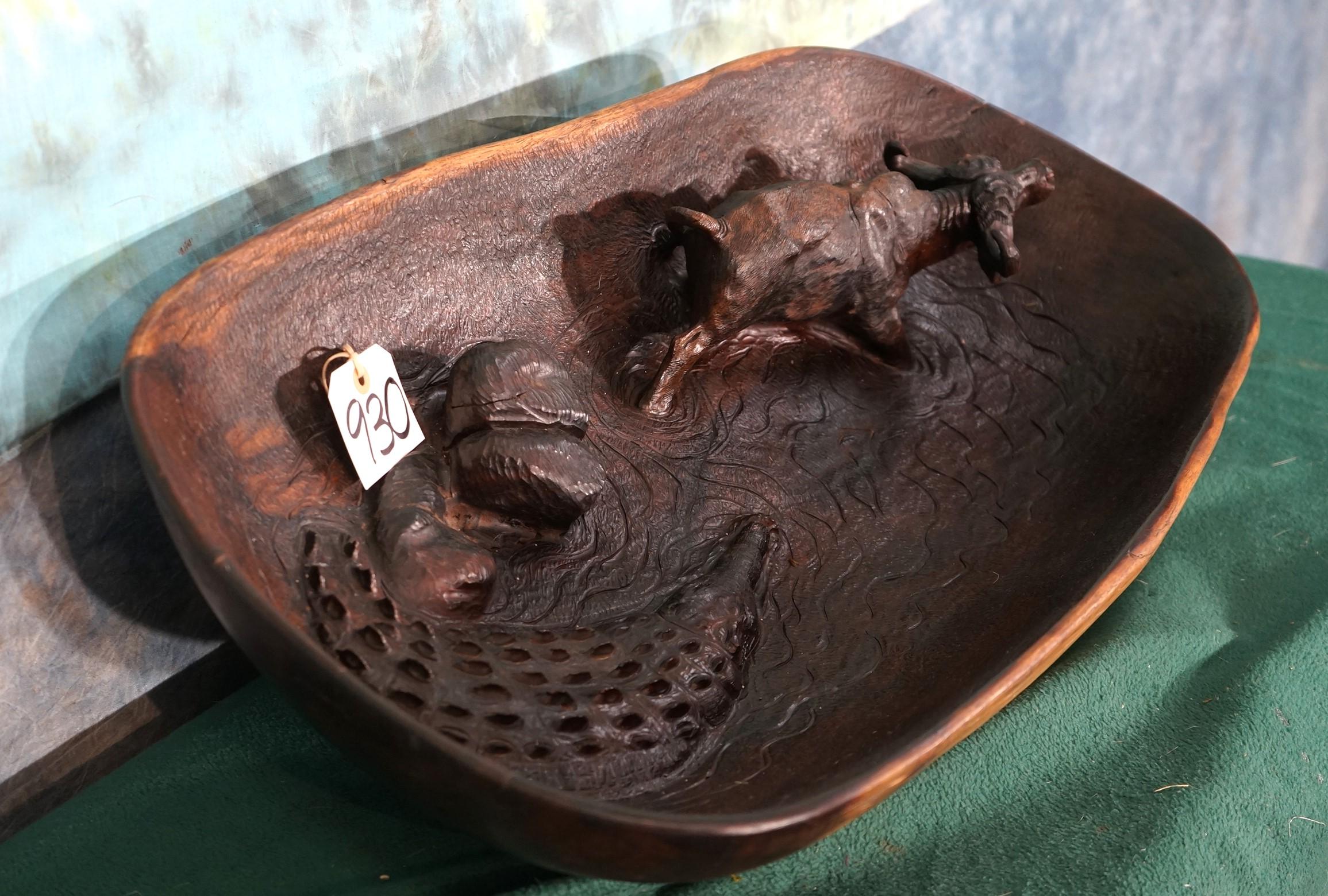 African Wood Carved Table Bowl with Cape Buffalo & Crocodile Inside