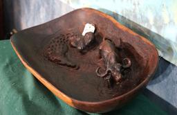 African Wood Carved Table Bowl with Cape Buffalo & Crocodile Inside