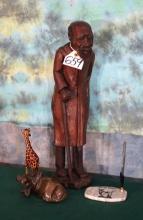 Wood Carved African Man Statue with Giraffe, Soapstone Hippo, and Marble Kudu Pen Holder