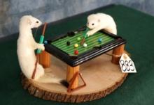 Two White Ermine Playing Pool Taxidermy Novelty Mount