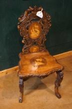 Antique Late 1800's Circa European Hand Carved Wooden Chair with Alpine Chamois Decorating it