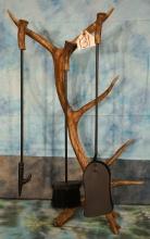 Three Fireplace Utensils Hanging on Stand made from Deer and Elk Antlers
