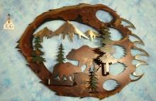 Metal Art of Grizzly Bears in a Mountain Habitat Scene