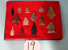 Brand New Display Case of 13 Woodland & Archaic Authentic Spear Points  & Arrowheads