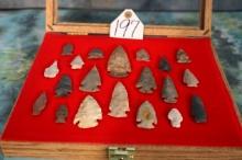 (20) Very Nice Authentic Arrowheads and Spear Points in a Oak Wood and Glass Display Case