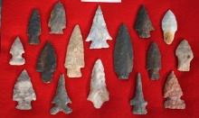 (16) Larger Authentic Spear Point and Arrowhead Artifacts in New Display Case