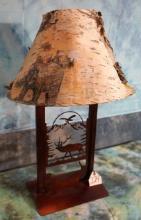 Very Nice Metal Art Elk and Eagle Lamp with Aspen Tree Bark Shade