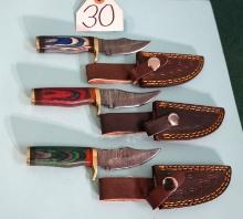 Three Brand New Colorful Hunting Knives with Leather Sheaths