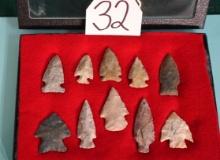 New Display Case of 10 Authentic G-8 & G-9 Arrowheads and Spear Points