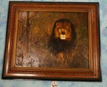 Fine Framed Painting of Large African Male Lion in thick Brush