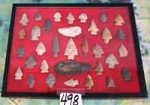 Large Display Case of 33 of G-5.5 to G-7.5 Authentic Artifact Arrowheads, Knives, & Spear Points