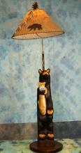Tall Wood Carved Bear Lamp with Large Decorative Shade