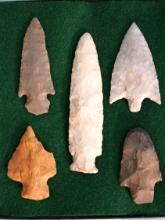 Five Authentic Archaic Spearpoints and Arrowheads in Display Case