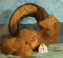 Beautiful Carved Stone Sheep Horn on Tree Rot Base