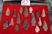 (16) Authentic Spear Points and Arrowheads in New Display Case