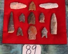(11) Authentic Paleo Points and Tools Arrowheads in Display Case