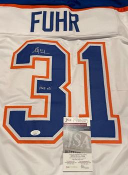 Grant Fuhr Edmonton Oilers Autographed & Inscribed Custom Hockey Jersey JSA W coa