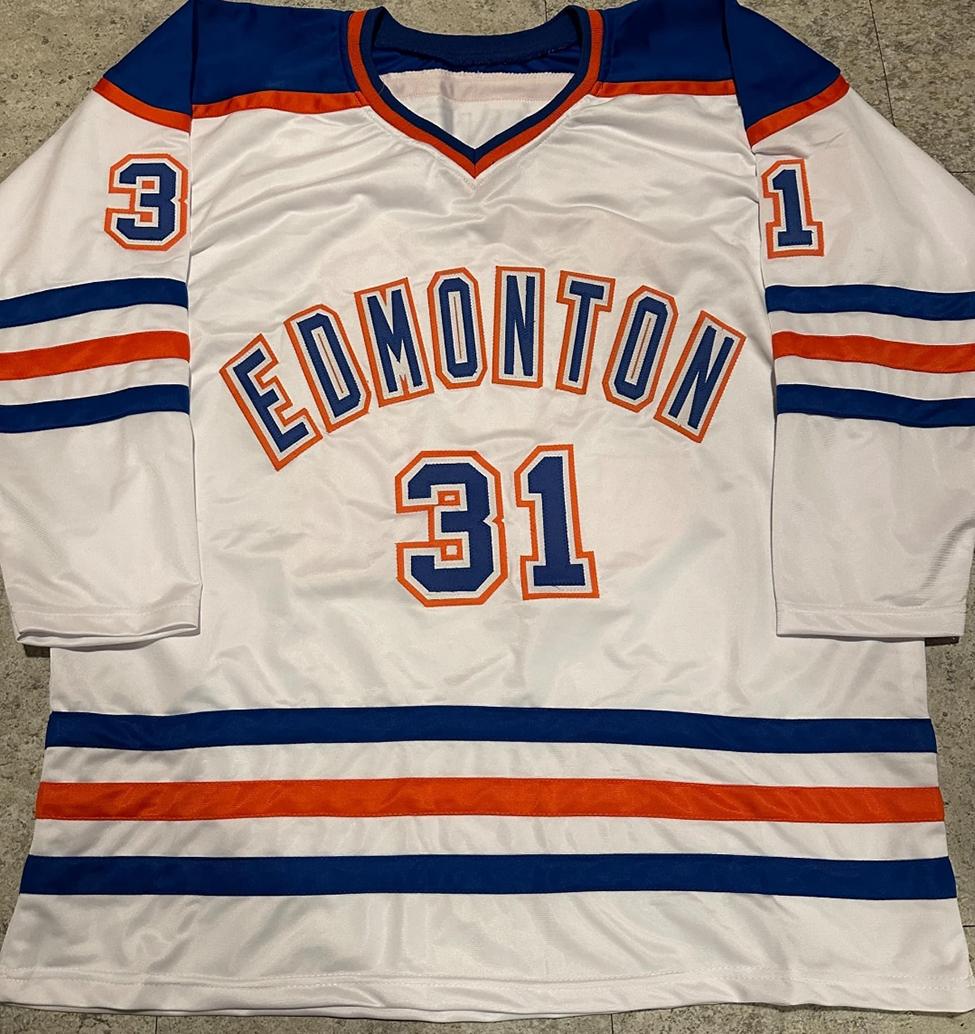 Grant Fuhr Edmonton Oilers Autographed & Inscribed Custom Hockey Jersey JSA W coa