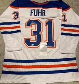 Grant Fuhr Edmonton Oilers Autographed & Inscribed Custom Hockey Jersey JSA W coa