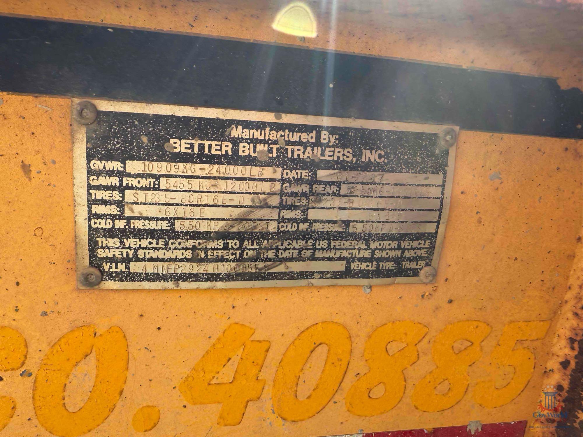 BETTER BUILT TANDEM AXLE EQUIPMENT TRAILER, VIN #4MNFP2924H1000558