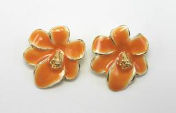 Enameled Flower Brooch and Earring Set