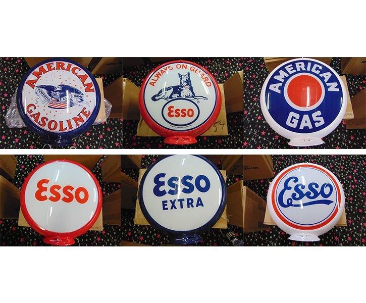 Set of 6 Gas Pump Globes - ESSO & American Gas