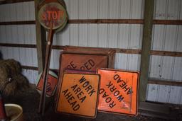 7 Square road signs and 4 road crew stop signs with caution flags