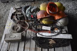 Pallet with recently sharpened chainsaw chains, bars, wheels, hardhats, tap and die set
