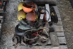 Pallet with recently sharpened chainsaw chains, bars, wheels, hardhats, tap and die set