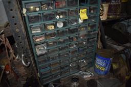 Wooden and plastic hardware organizers with contents