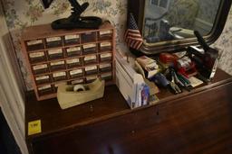 Wooden Stationary Desk with contents on top