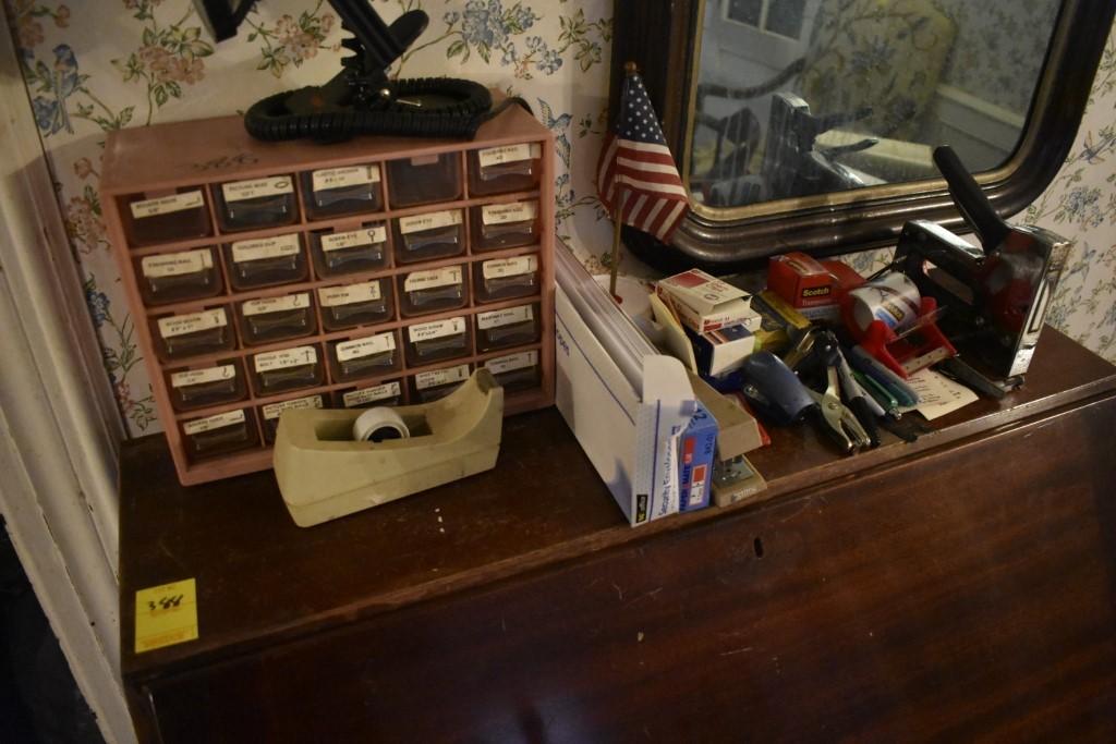 Wooden Stationary Desk with contents on top