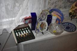 Group of dishes, insulator, oil lamp base, candy dish and Regent Sheffield knife set