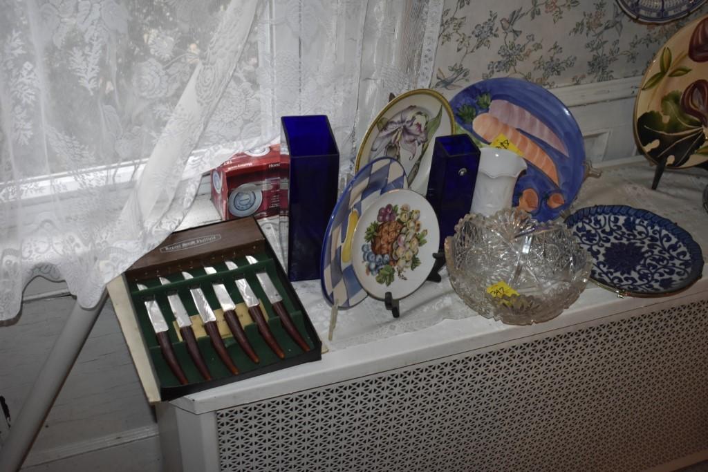 Group of dishes, insulator, oil lamp base, candy dish and Regent Sheffield knife set