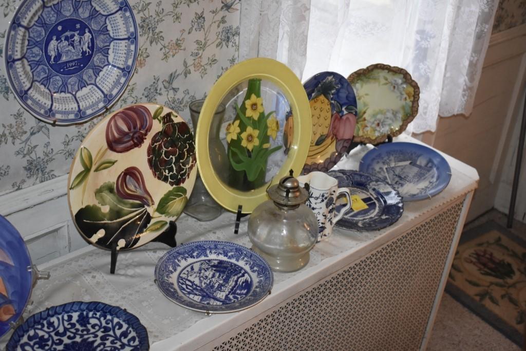 Group of dishes, insulator, oil lamp base, candy dish and Regent Sheffield knife set