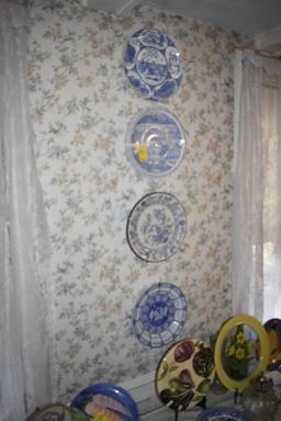Group of dishes, insulator, oil lamp base, candy dish and Regent Sheffield knife set