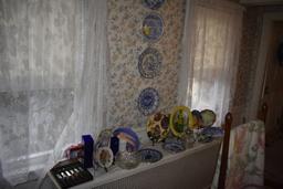Group of dishes, insulator, oil lamp base, candy dish and Regent Sheffield knife set